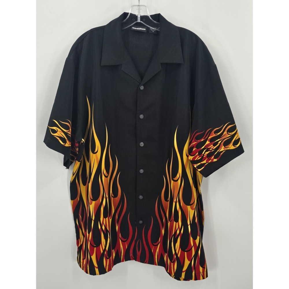 ODO Shirt Men's XL Flames Biker Collared Short Sleeve Button Down